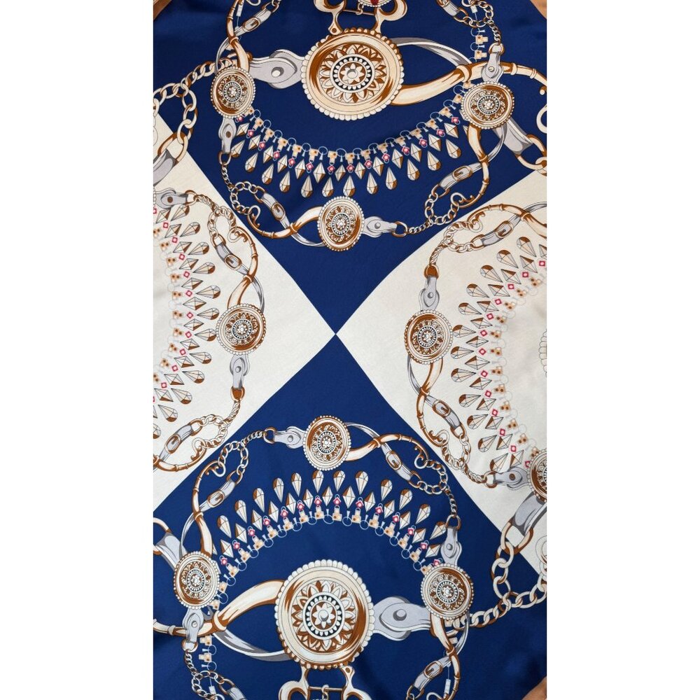 2/$30 White Navy Blue Red Nautical Antique Gold Baroque Printed Fashion Scarf - Picture 8 of 11